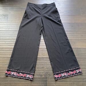 NEW YORK & COMPANY Wide Leg Pant Womens Sz Medium Black Floral Trim Elastic Back
